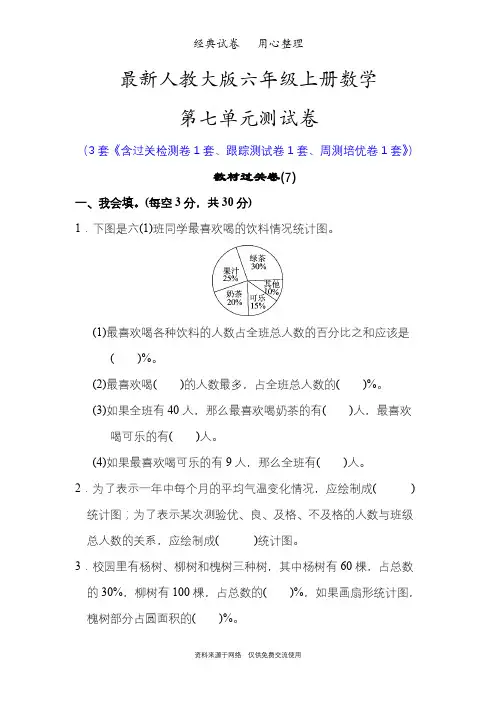 最新人教版六年级上册数学第七单元测试卷(扇形统计图)