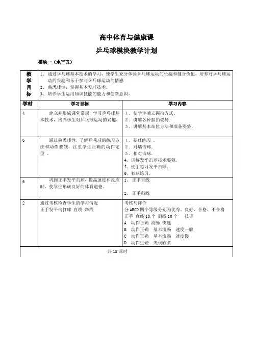 乒乓球球模块教学计划