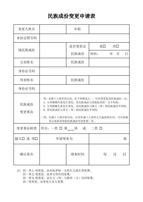 民族成份变更申请表(空表)