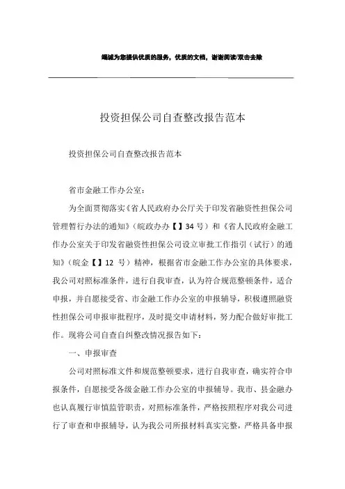 投资担保公司自查整改报告范本