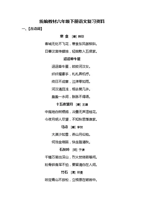 部编版六年级语文下册语文复习资料