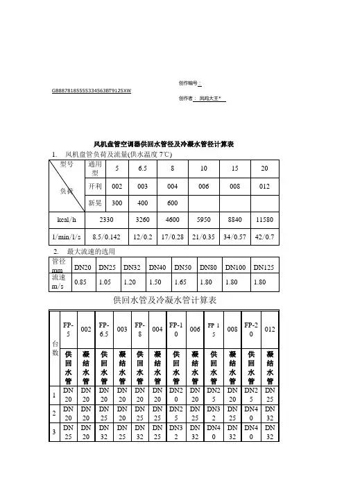 风机盘管空调器供回水管径及冷凝水管径计算表