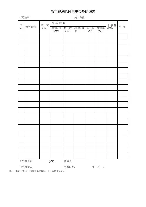 施工现场临时用电设备明细表