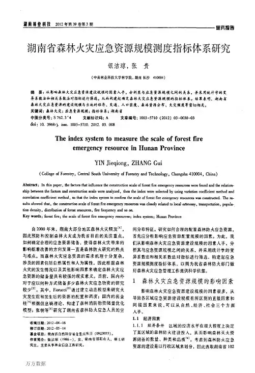 湖南省森林火灾应急资源规模测度指标体系研究