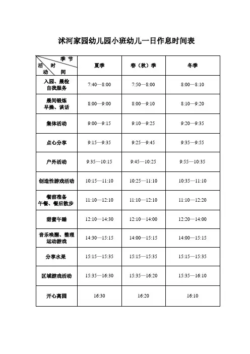幼儿园作息时间表