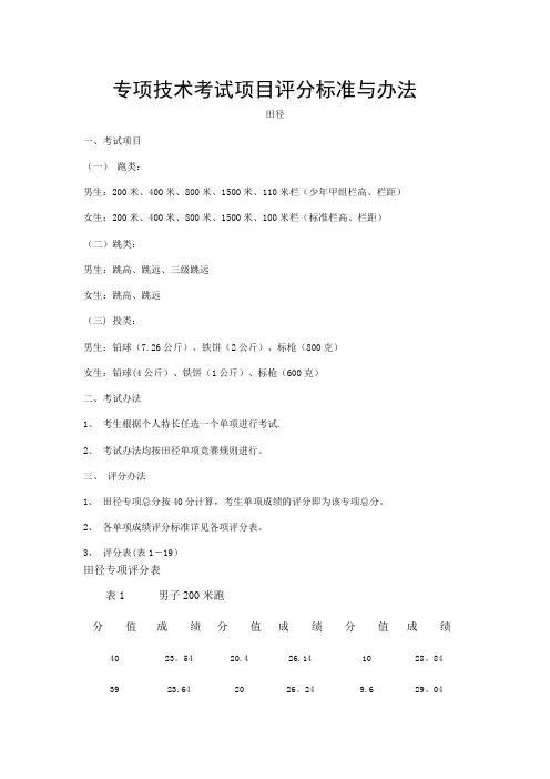 体育高考专项技术考试项目评分标准与办法
