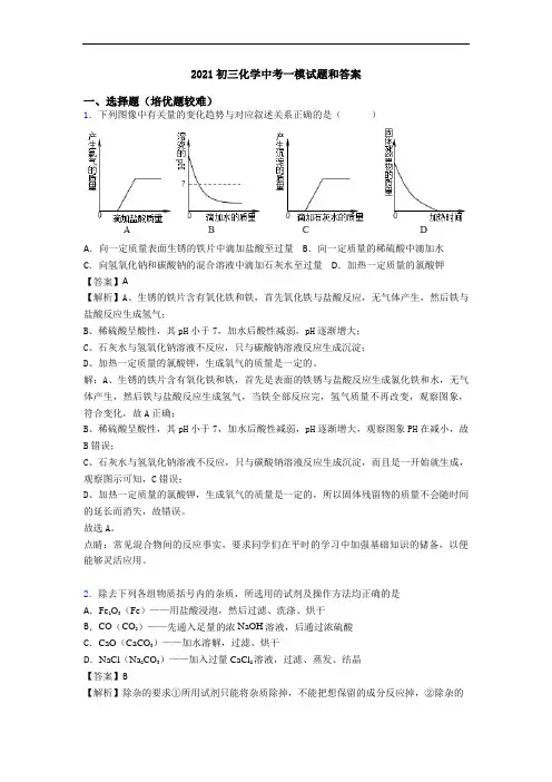 2021初三化学中考一模试题和答案