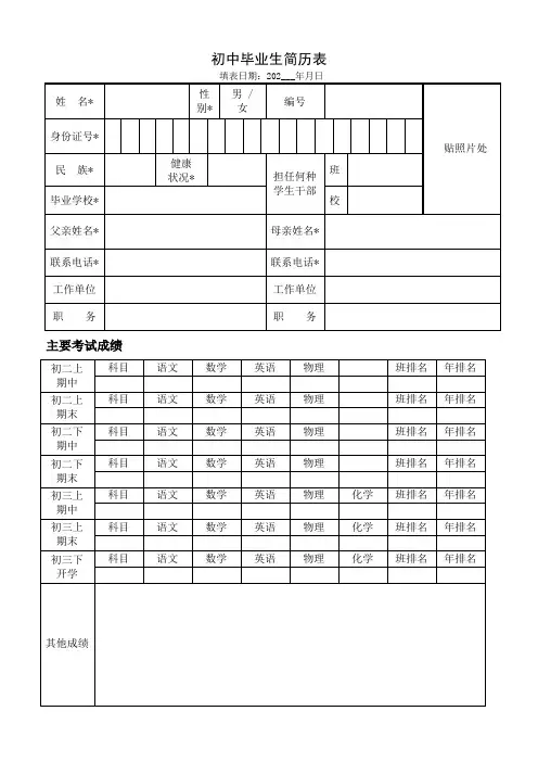初中毕业生简历表(模板)