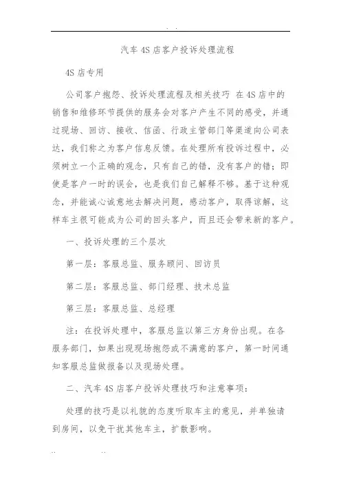 汽车4S店客户投诉处理流程图