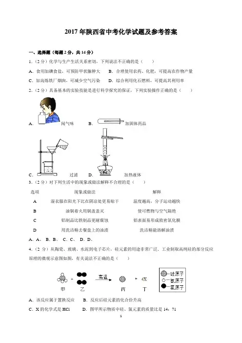 2017年陕西省中考化学试题及参考答案(word解析版)