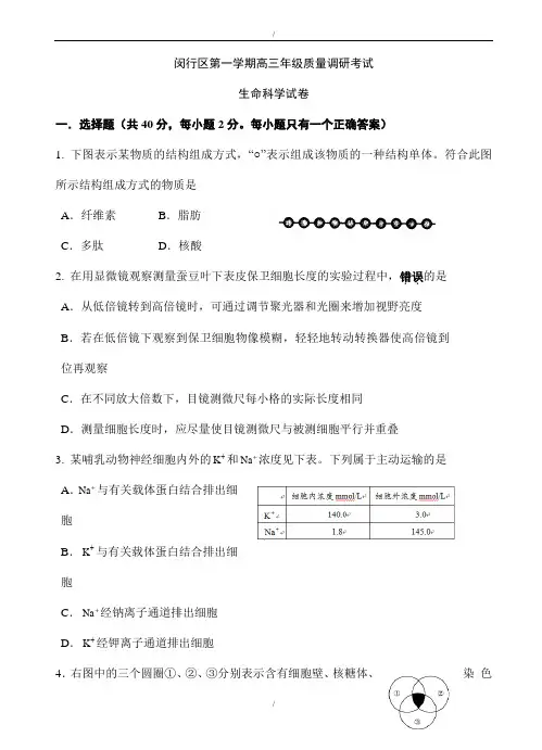 上海市闵行区2020届高三一模生命科学试题(有答案)(已纠错)