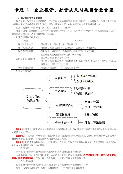 高级会计师考试之企业投资、融资决策与集团资金管理