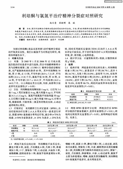 利培酮与氯氮平治疗精神分裂症对照研究