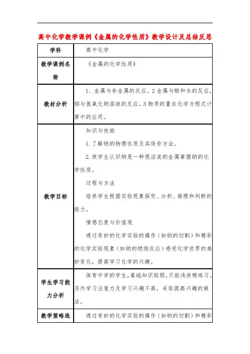 高中化学教学课例《金属的化学性质》课程思政核心素养教学设计及总结反思