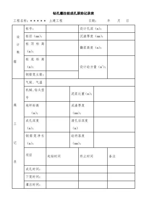 钻孔灌注桩成孔原始记录表