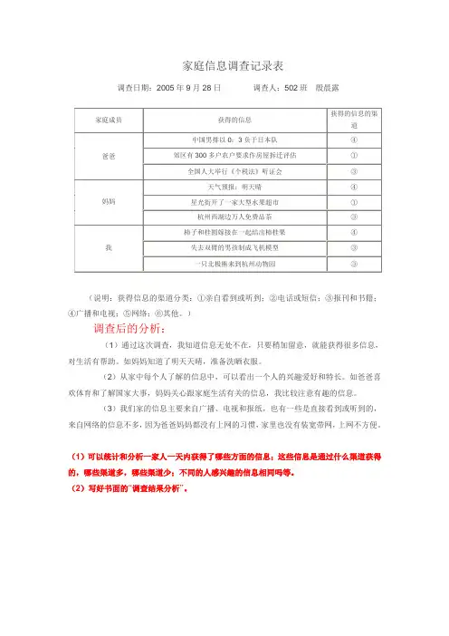家庭信息调查记录表范例