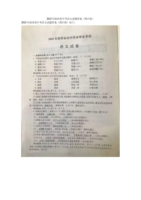 2018年陕西省中考语文试题答案(图片版)