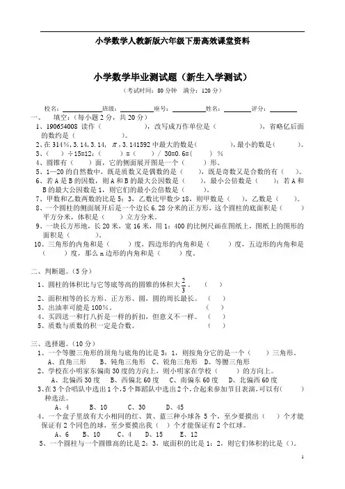 小学数学人教新版六年级下册高效课堂资料数学毕业检测模拟试题1 (1)