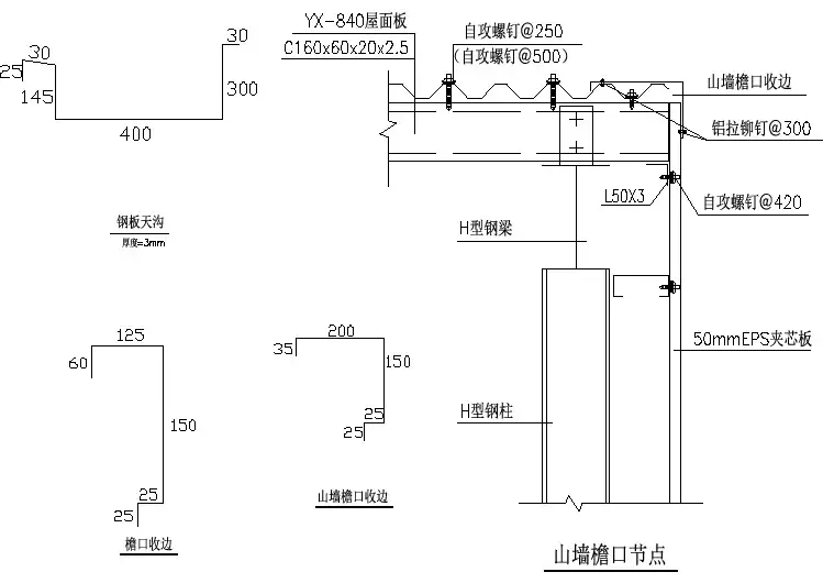【檐口天沟大样图】钢结构山墙檐口节点