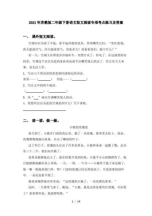 2021年苏教版二年级下册语文短文阅读专项考点练习及答案