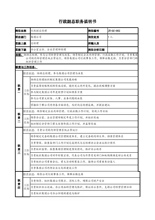 行政副总职务说明书(试行版)