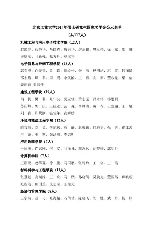 北京工业大学2014年硕士研究生国家奖学金公示名单