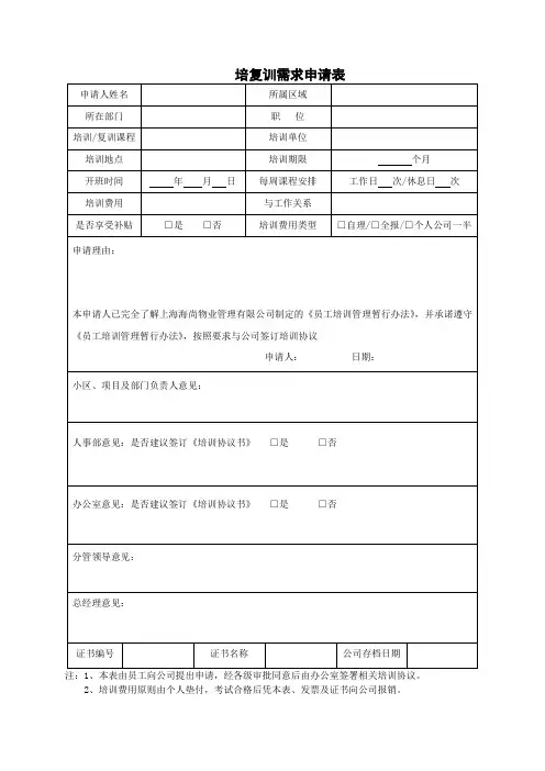 员工培训需求申请表