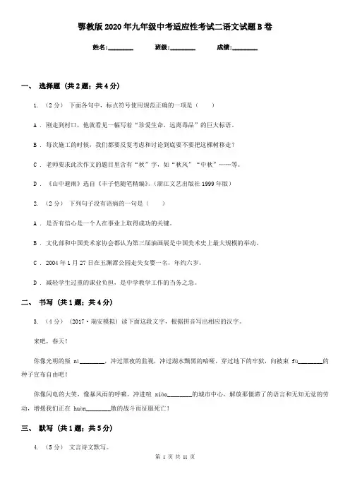 鄂教版2020年九年级中考适应性考试二语文试题B卷