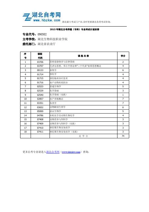 2015年湖北自考养殖(专科)专业考试计划