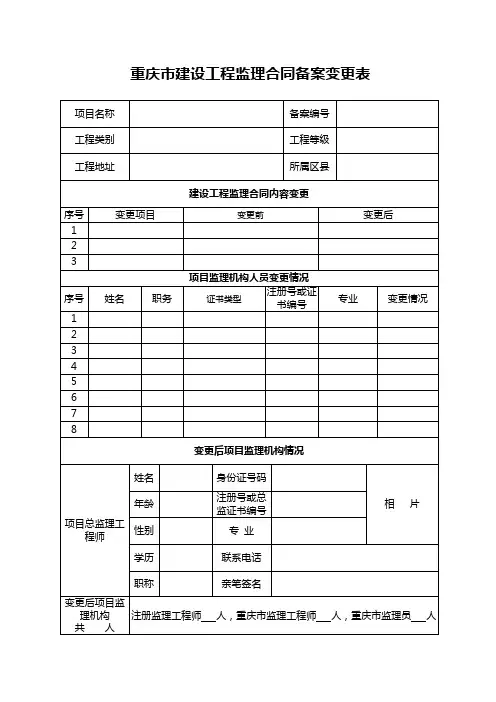 重庆市建设工程监理合同备案变更表(新版)