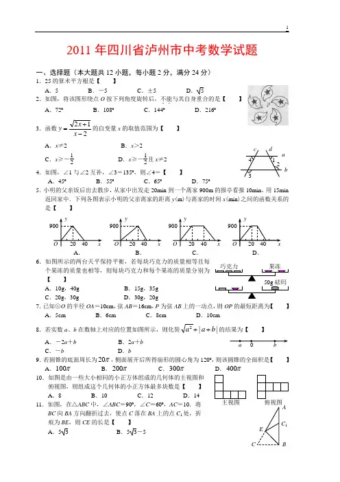 2011年四川省泸州市中考数学试题(试题Word,答案扫描)