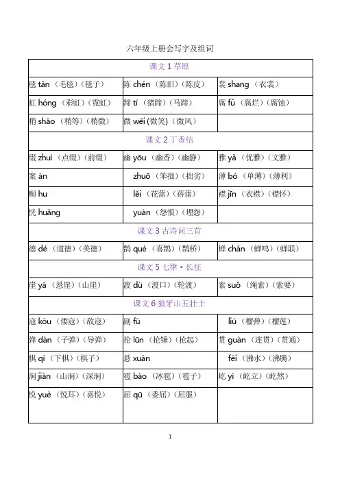 六年级上册 写字表生字组词