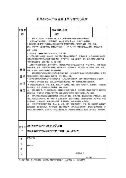 项目部材料员安全责任目标考核记录表