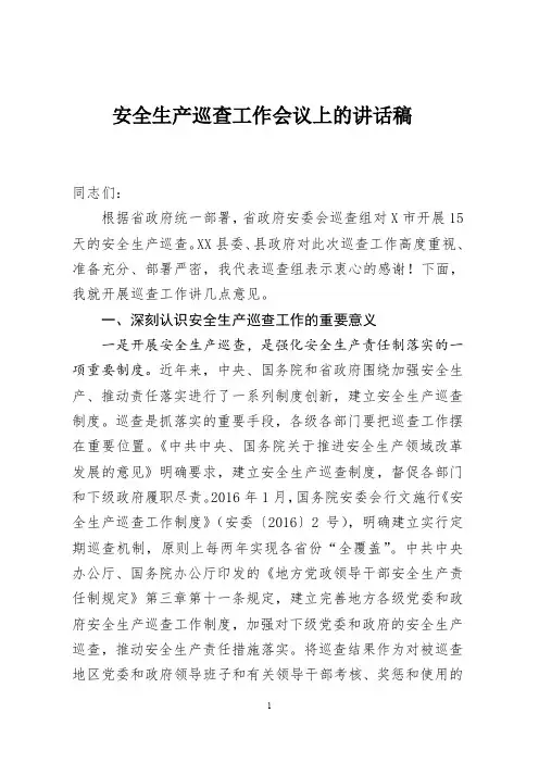 安全生产巡查工作会议上的讲话稿范文
