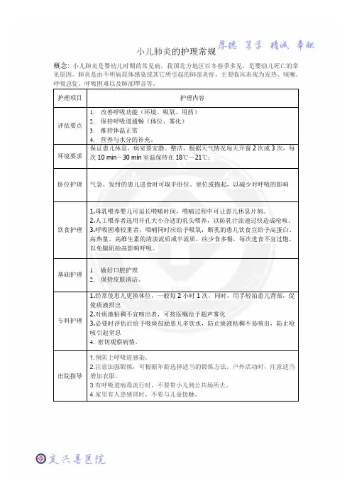 小儿肺炎的护理常规