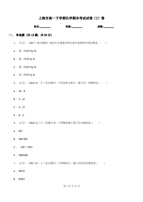 上海市高一下学期化学期末考试试卷(I)卷