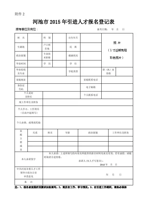 河池市2015年人才引进报名表