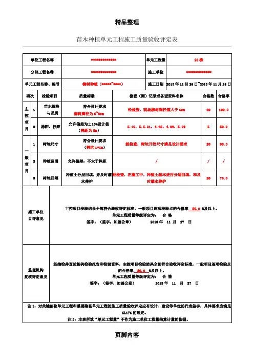 最新水利苗木种植单元工程施工质量验收评定表(已填)