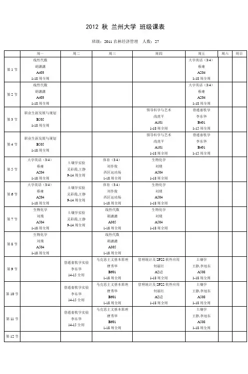 2012 秋 兰州大学 班级课表