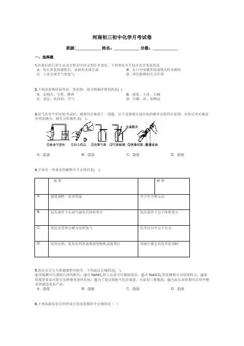 河南初三初中化学月考试卷带答案解析
