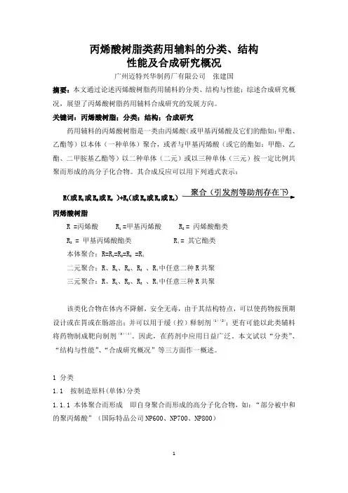 丙烯酸树脂类药用辅料的分类、结构性能及合成研究概况