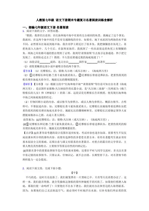 人教版七年级 语文下册期末专题复习名著阅读训练含解析