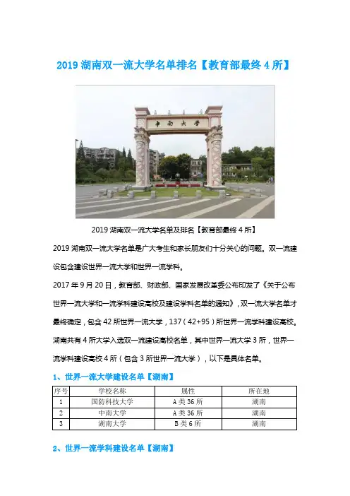 2019湖南双一流大学名单排名【教育部最终4所】