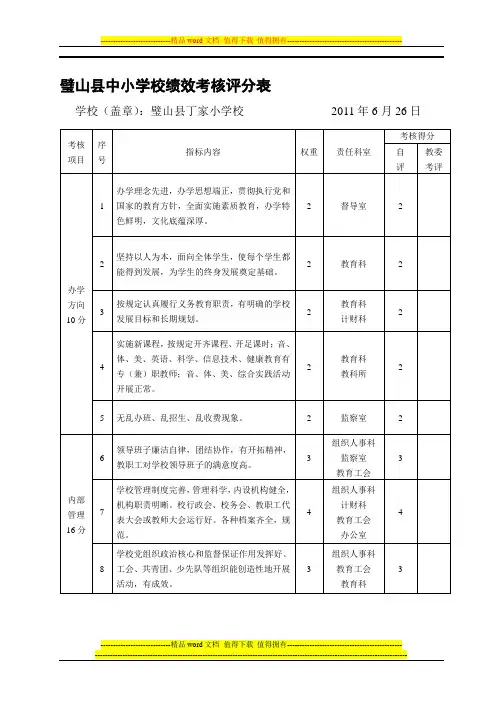 丁家小学学校及校长绩效考核评分表等上报材料