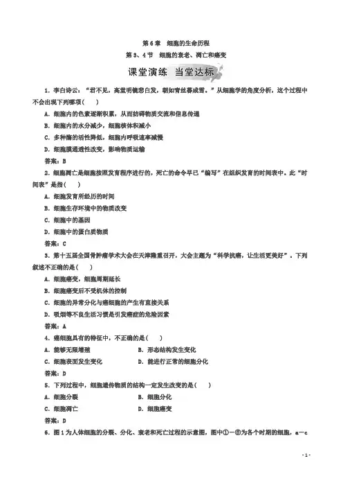 人教版高一生物必修一检测：第6章第3、4节细胞的衰老、凋亡和癌变(有答案)