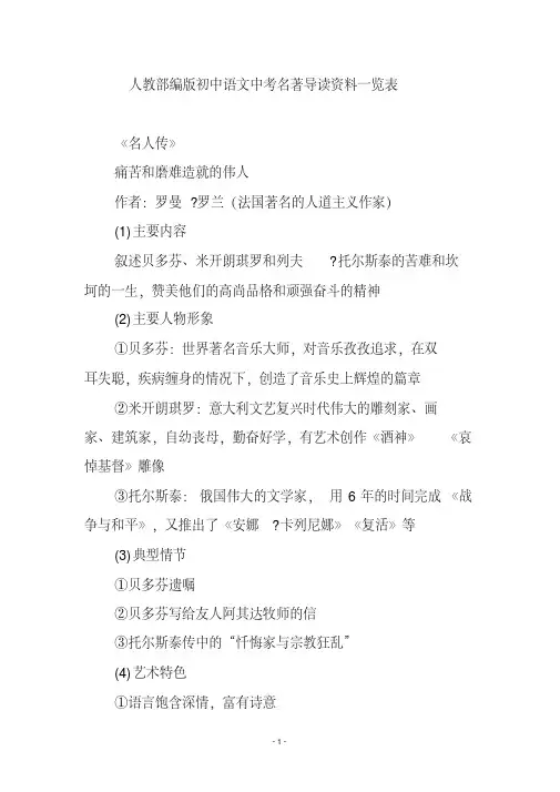 人教部编版初中语文中考名著导读资料一览表