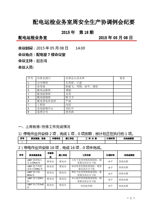 配电运检业务室周安全生产协调例会纪要(第18周)