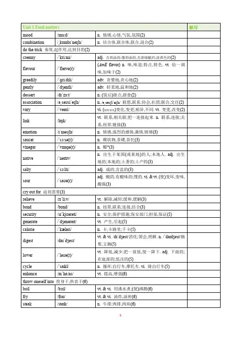 2019译林版高中英语选择性必修一Unit 1 Food matters 单词表
