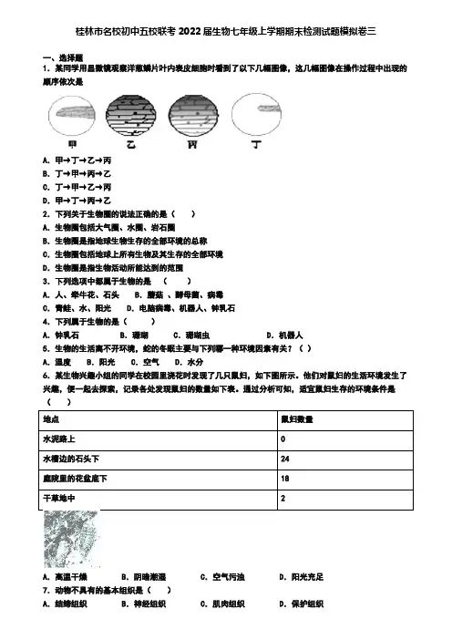 桂林市名校初中五校联考2022届生物七年级上学期期末检测试题模拟卷三