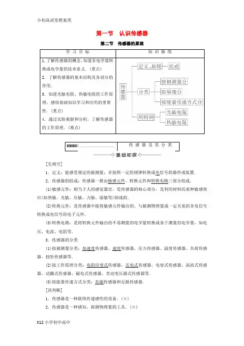 【配套K12】2017_2018学年高中物理第三章传感器第1节认识传感器第2节传感器的原理学案粤教版